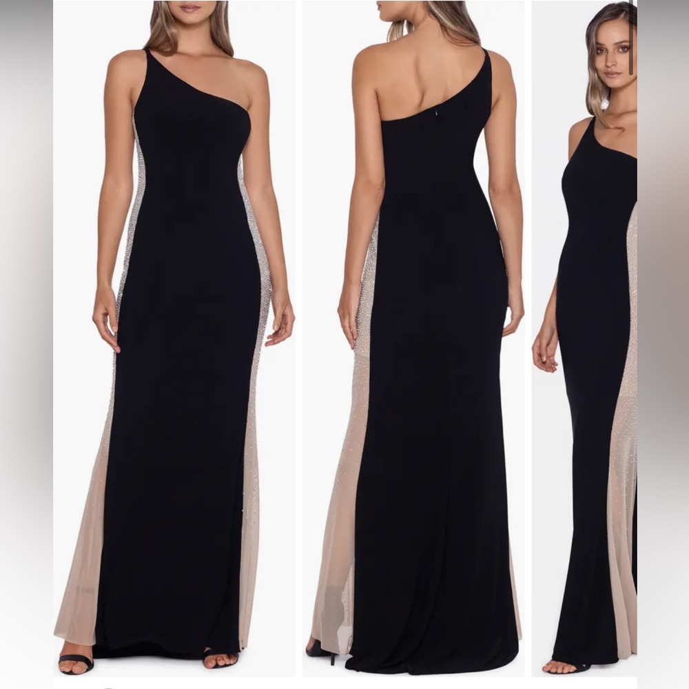 XSCAPE size 4 black/nude rhinestoned formal dress